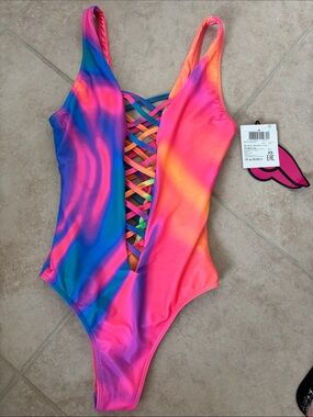 Colorful Lattice-Front One-Piece Swimsuit - Pink/Blue Gradient
